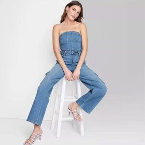 Wild Fable Women's Denim Jumpsuit XS Blue Strapless Tube Corset Wide Leg Cargo